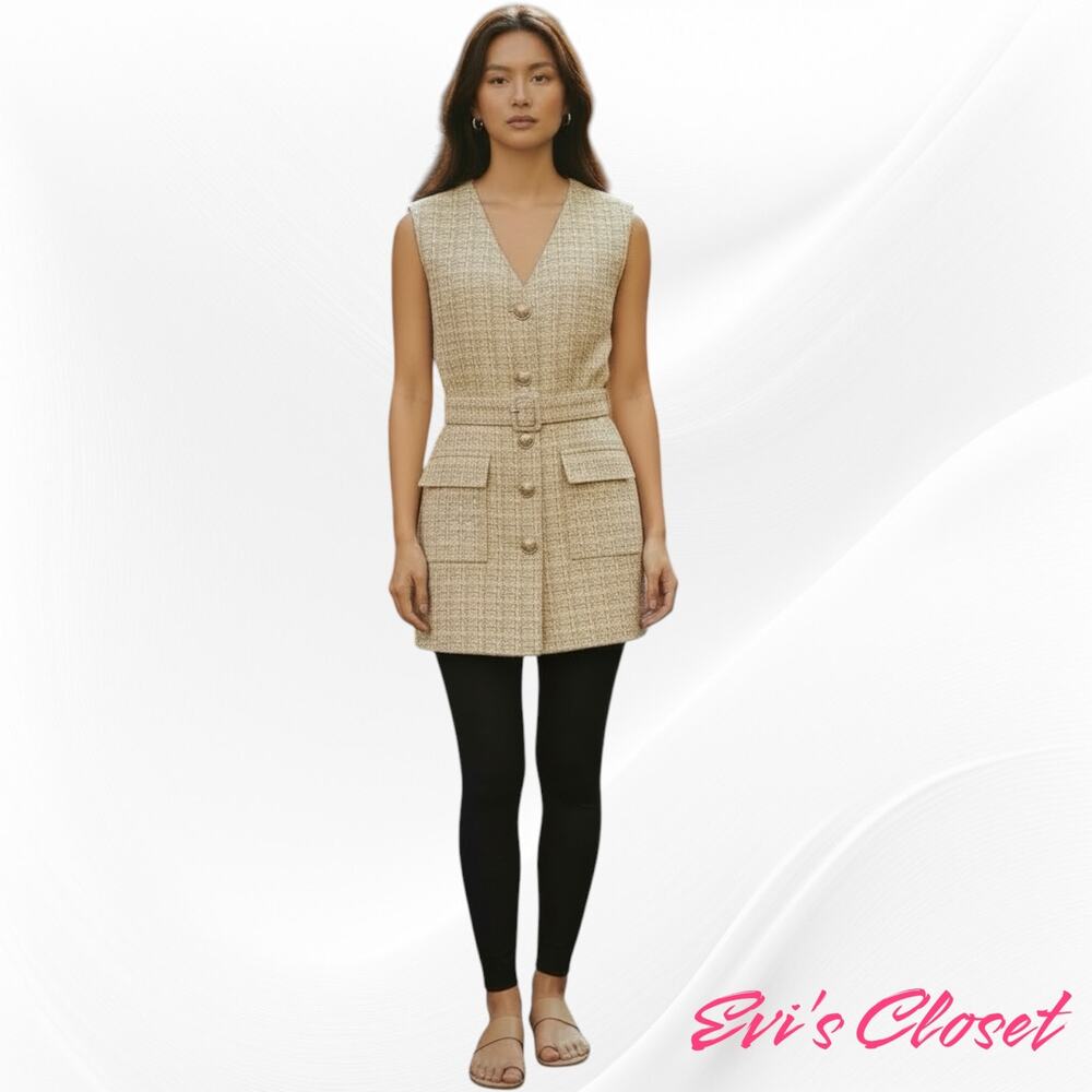 Zara Ecru Beige Textured Waistcoat With Belt  Tweed Vest Round Neckline Sz L